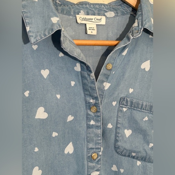 Coldwater Creek Chambray 3/4 Sleeve White Hearts Size Small Valentine’s Day - Picture 3 of 10